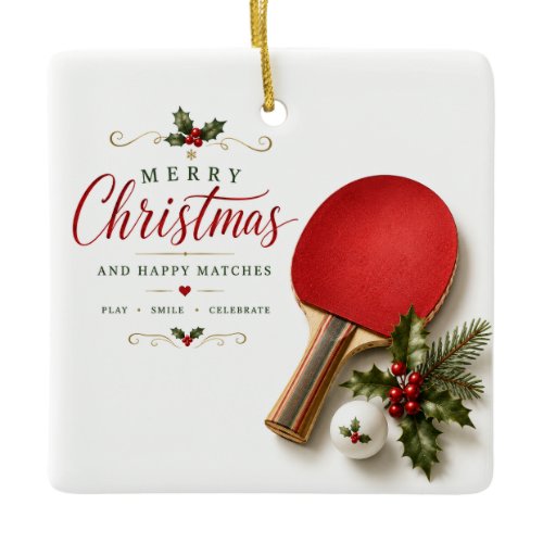 Ping Pong Paddle and ball with Christmas themed Ceramic Ornament