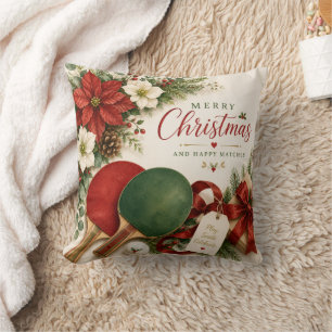 Ping Pong Paddle and ball with Christmas themed Throw Pillow