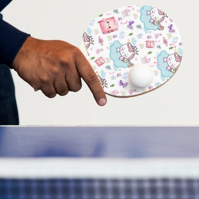 Ping Pong Paddle Pink, Blue Unicorn Rainbow Cat (Insitu)