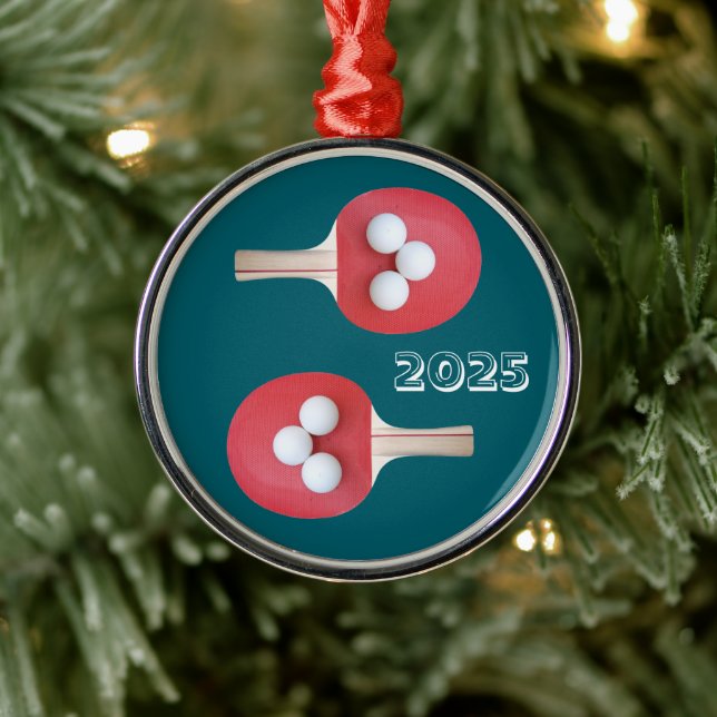 Ping Pong Paddles and Balls Metal Ornament (Tree)