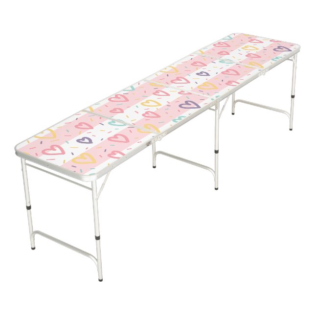 Ping Pong Table Baby Pink & White Stripe Hearts (Angled)