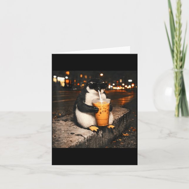 Pinguin drinking iced coffee funny animal meme men card (Front)