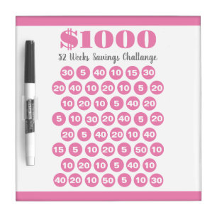 Pink 1000 Savings Challenge Cash 52 Week Reusable Dry Erase Board