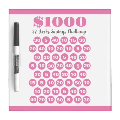 Pink 1000 Savings Challenge Cash 52 Week Reusable Dry Erase Board