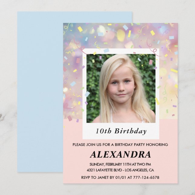 Pink 10th birthday invitations Confetti Photo  (Front/Back)