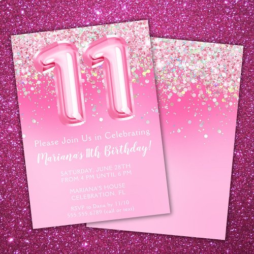 Pink 11th Birthday Invitation Girly Pink Glitter