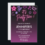 Pink 11th birthday invitations for her kids Neon<br><div class="desc">Pink 11th birthday invitations for her Modern Neon Light</div>