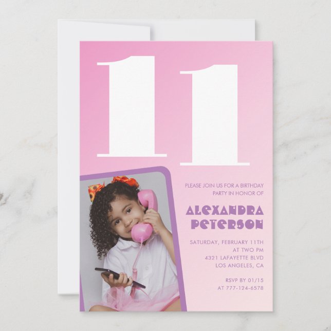 Pink 11th birthday invitations Girl Retro Photo (Front)