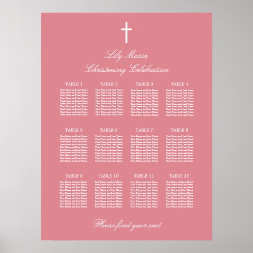 Pink 12 Table Christening Seating Chart Poster