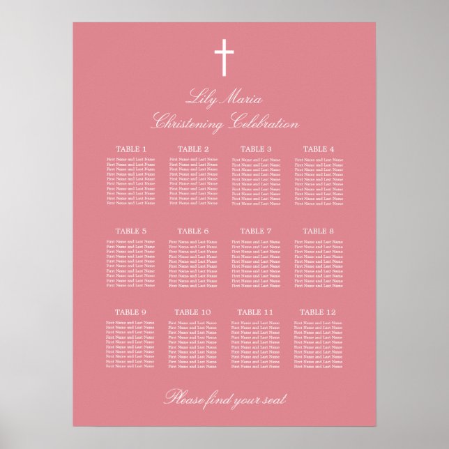 Pink 12 Table Christening Seating Chart Poster (Front)