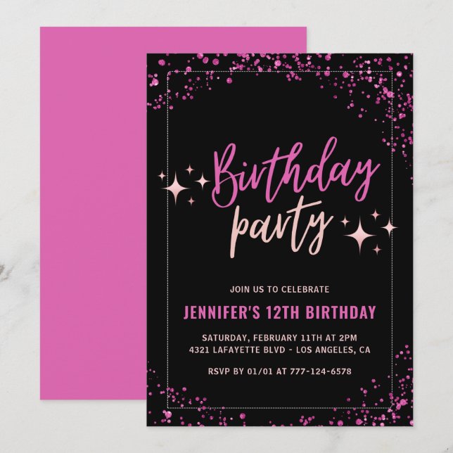 Pink 12th birthday invitations Glitter Party Glam (Front/Back)