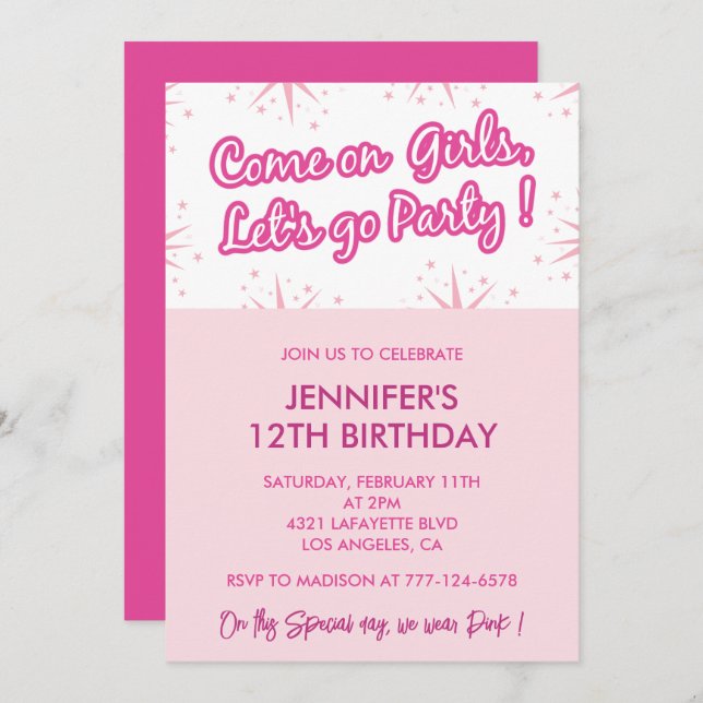 Pink 12th birthday invitations trendy fun mode (Front/Back)