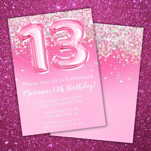 Pink 13th Birthday Invitation Girly Pink Glitter