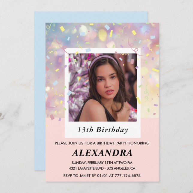 Pink 13th birthday invitations Confetti Photo  (Front/Back)
