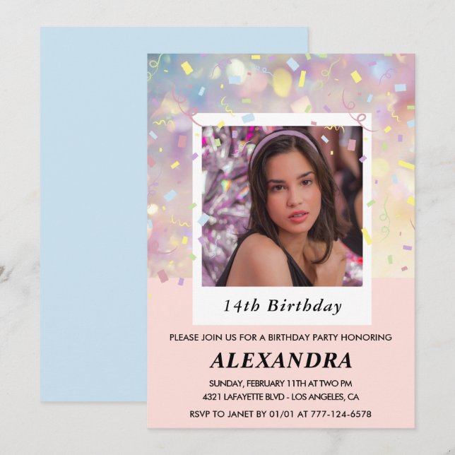 Pink 14th birthday invitations Confetti Photo  (Front/Back)