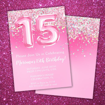 Pink 15th Birthday Invitation Girly Pink Glitter by WittyPrintables at Zazzle