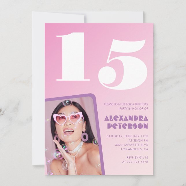 Pink 15th birthday invitations Retro Photo (Front)