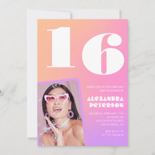 Pink 16th birthday invitations for her Retro Photo