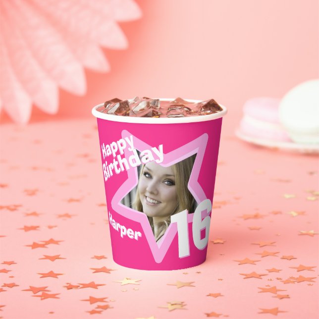 Pink 16th birthday photo personalized paper cups (Insitu)