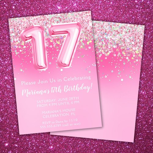 Pink 17th Birthday Invitation Girly Pink Glitter