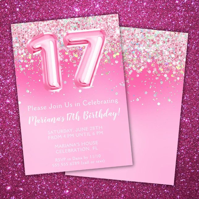pink-17th-birthday-invitation-girly-pink-glitter-zazzle