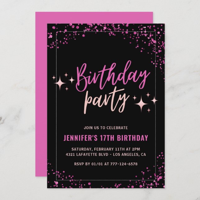 Pink 17th birthday invitations Glitter Party Glam (Front/Back)