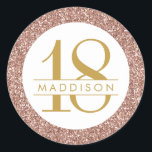 Pink 18th Birthday Custom Age Name Rose Gold Favor Classic Round Sticker<br><div class="desc">Pink glitter chic rose gold sparkle round border on an elegant and classic sophisticated 18th birthday party favor label or envelope seal with her name personalized in the middle.</div>