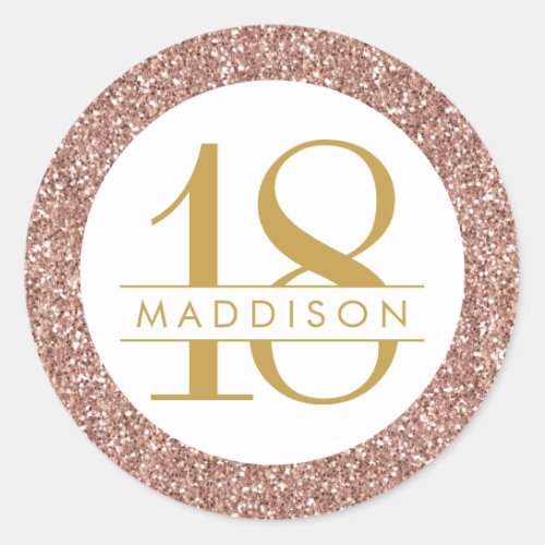 Pink 18th Birthday Custom Age Name Rose Gold Favor Classic Round Sticker