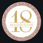 Pink 18th Birthday Custom Age Name Rose Gold Favor Classic Round Sticker<br><div class="desc">Pink glitter chic rose gold sparkle round border on an elegant and classic sophisticated 18th birthday party favor label or envelope seal with her name personalized in the middle.</div>