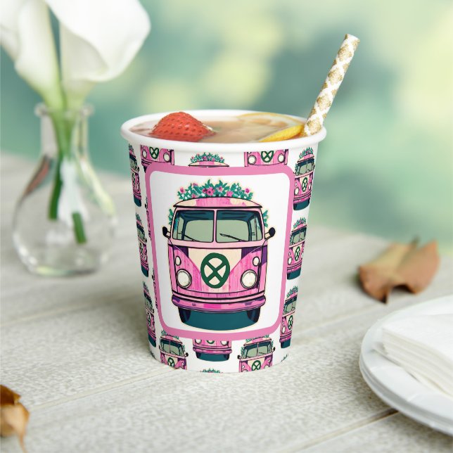Pink 1970s Hippie Van Retro Vintage Style Birthday Paper Cups (Insitu)