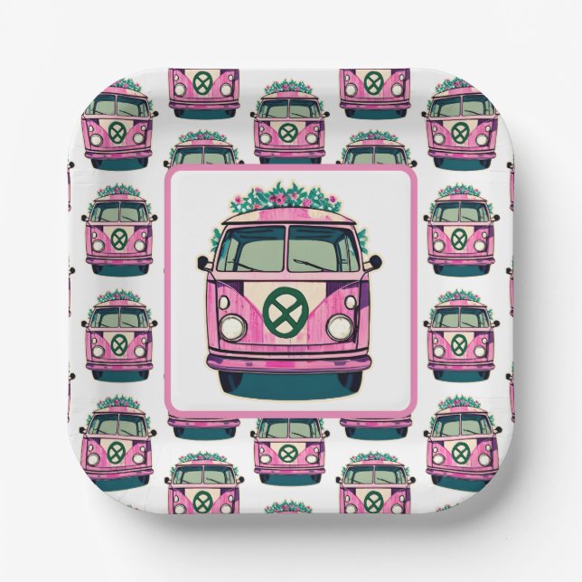 Pink 1970s Hippie Van Retro Vintage Style Birthday Paper Plates (Front)