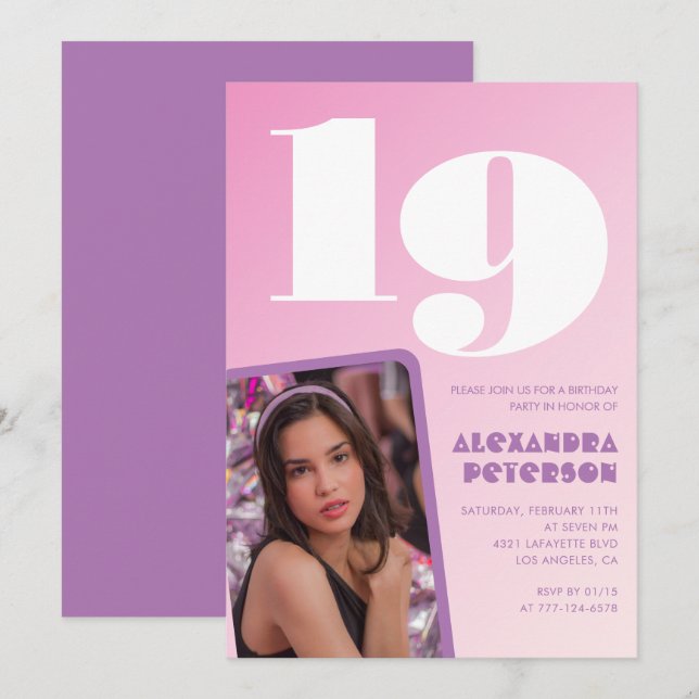 Pink 19th birthday invitations Retro Photo (Front/Back)