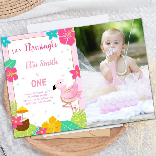 Pink 1st Birthday Flamingo Invitations with photo