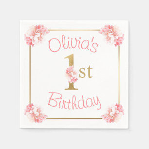 Pink 1st Birthday Girl Floral Party Napkins