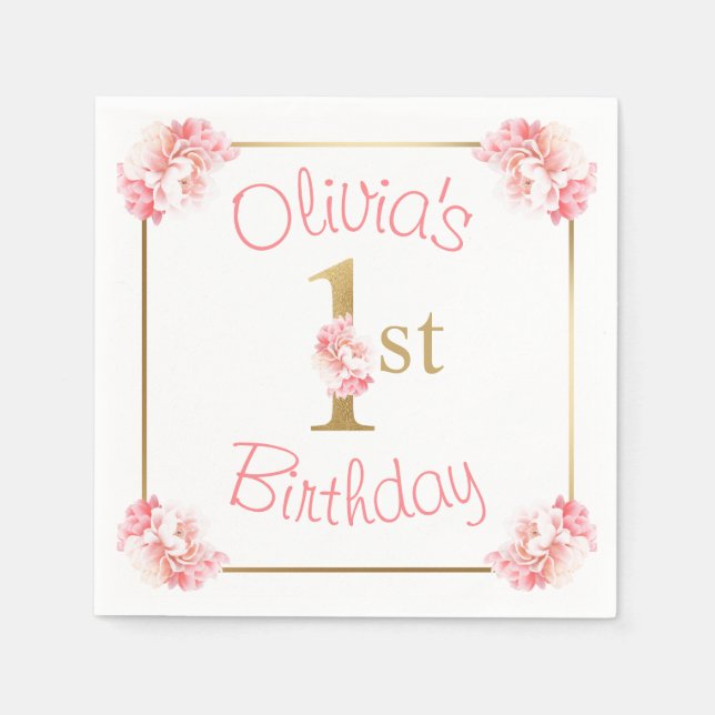 Pink 1st Birthday Girl Floral Party Napkins (Front)