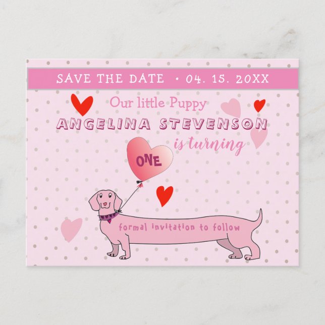 Pink 1st Birthday Girl Save The Date Announcement Postcard (Front)
