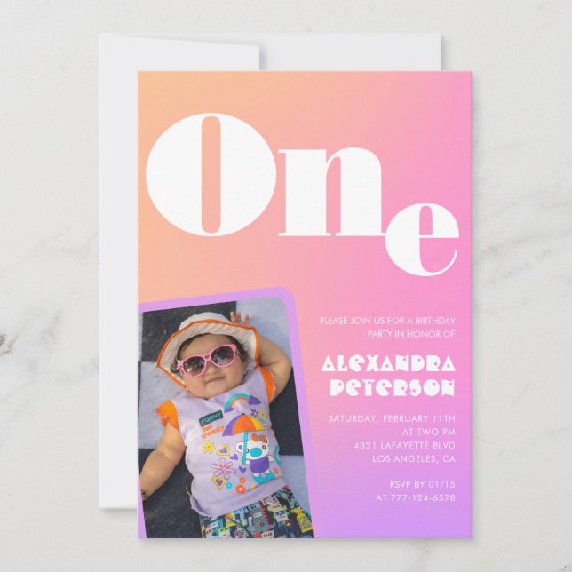 Pink 1st birthday invitations for her Retro Photo (Front)