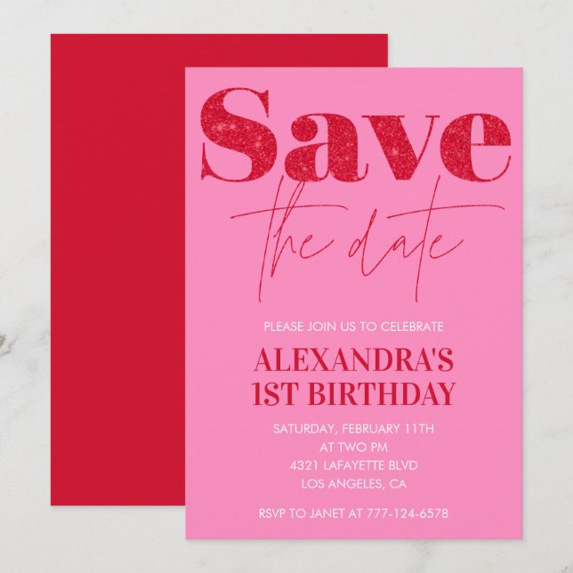 Pink 1st birthday invitations Save the date Chic (Front/Back)