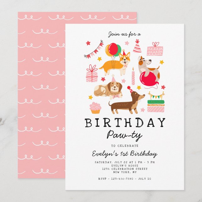 Pink 1st Birthday Let's Pawty Party Invitation (Front/Back)