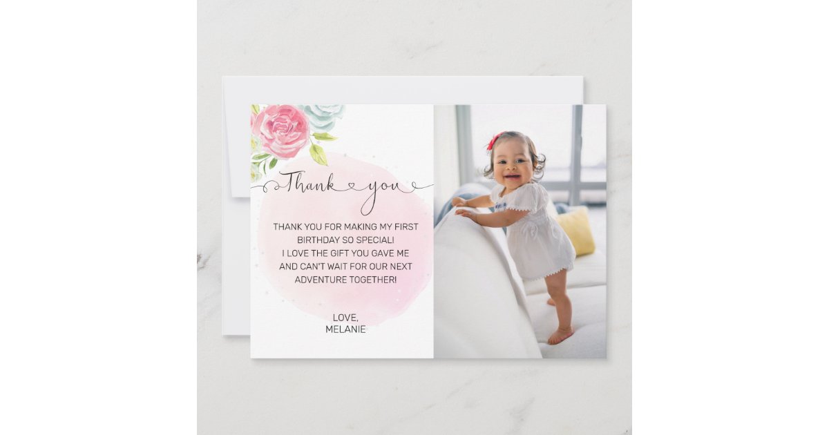 Pink 1st Birthday Photo Thank You Card