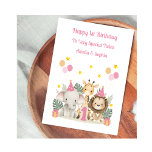Pink 1st Birthday Safari Leaf Animal Birthday Card<br><div class="desc">This pink watercolour first birthday card is suitable for a single child or twins. The design includes safari leaves,  birthday balloons,  stars,  a giraffe,  an elephant wearing a party hat,  and a lion wearing a party hat. All text is fully customizable.</div>
