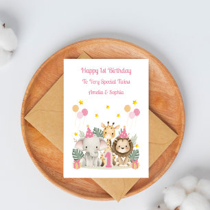 Pink 1st Birthday Safari Leaf Animal Birthday Card
