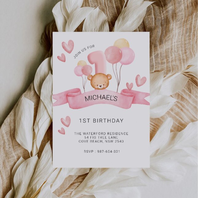 Pink 1st Birthday, Teddy Bear Invitation (Pink 1st Birthday, Teddy Bear Invitation)