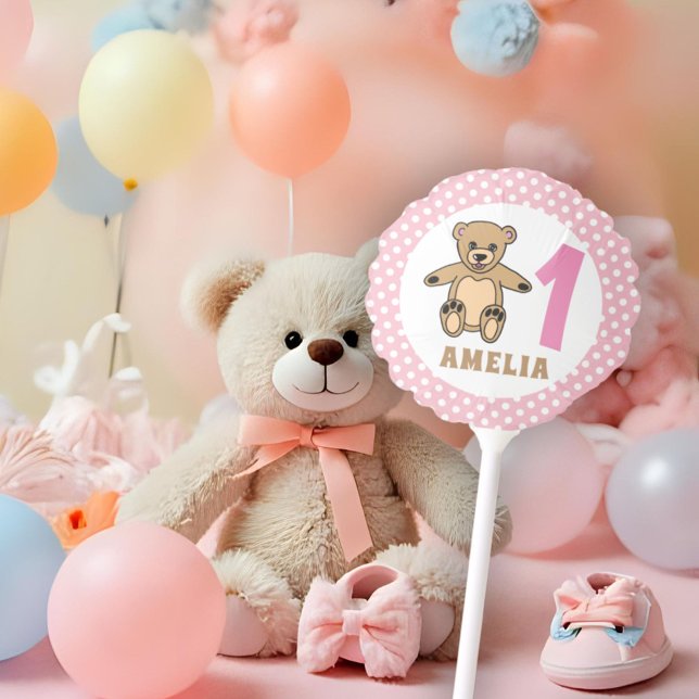 Pink 1st Birthday Teddy Bear Polka Dot Balloon (Creator Uploaded)