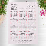 Pink 2024 Business Calendar Magnet with Your Logo<br><div class="desc">This simple pink 2024 business calendar 5" x 7" magnetic card features templates to place your logo, add company contacts, slogan, or other text. Saturdays and Sundays are in red to plan and discuss the working days easier. Months are in script font. It's a practical gift for clients and colleagues...</div>