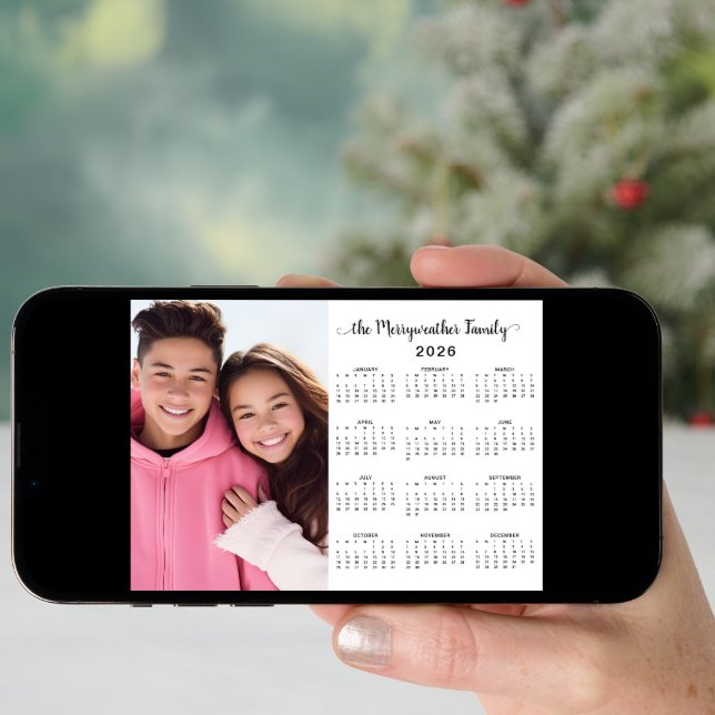 Pink 2026 Modern Minimalist Family Photo Calendar Holiday Card (Front Digital)