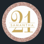 Pink 21st Birthday Personalized Rose Gold Glitter Classic Round Sticker<br><div class="desc">Pink glitter chic rose gold sparkle round border on an elegant and classic sophisticated 21st birthday party favor label or envelope seal with her name personalized in the middle.</div>