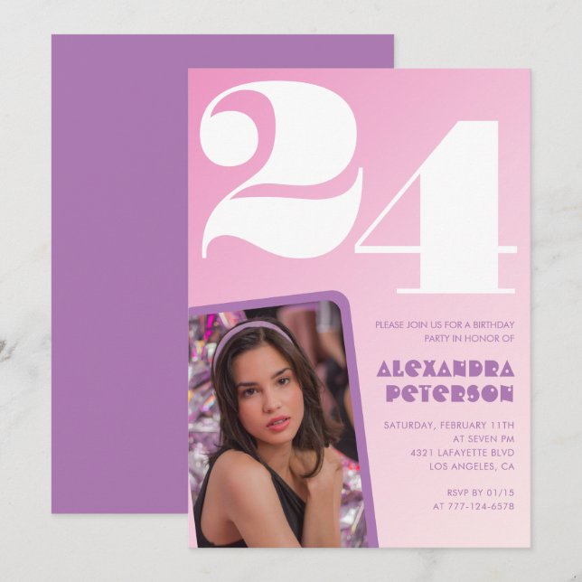 Pink 24th birthday invitations Retro Photo (Front/Back)