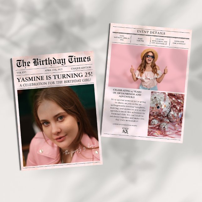Pink 25th Birthday party Newspaper Cover Photo Invitation (Creator Uploaded)