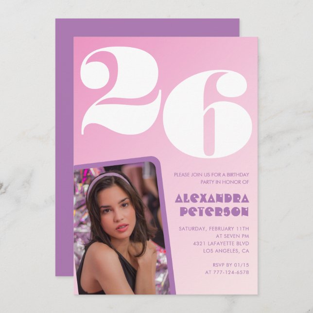 Pink 26th birthday invitations Retro Photo (Front/Back)